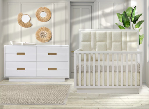 Como 5-in-1 Convertible Crib with Upholstered Panel by Natart Juvenile at $1499! Shop now at Nestled by Snuggle Bugz for Cribs.