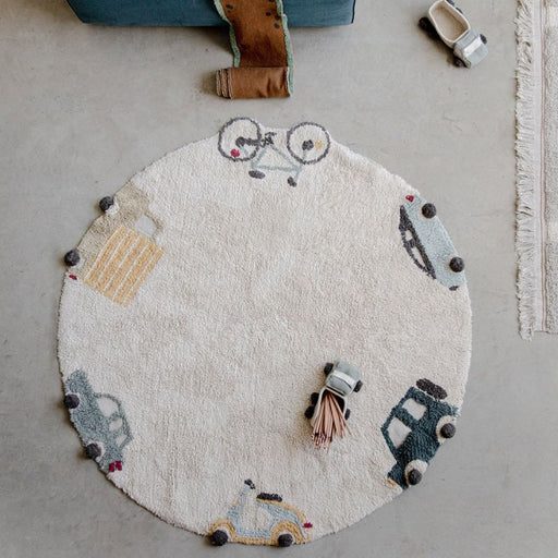 Eco-City Wheels Washable Round Area Rug by Lorena Canals at $194.99! Shop now at Nestled by Snuggle Bugz for Nursery & Décor.