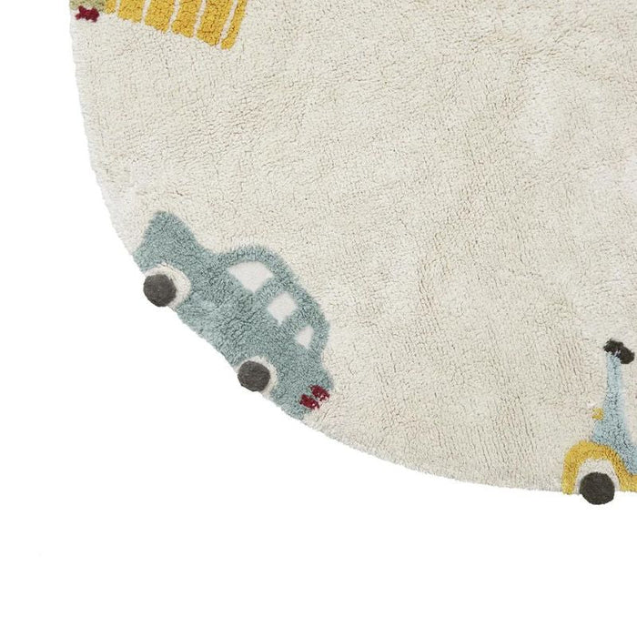Eco-City Wheels Washable Round Area Rug by Lorena Canals at $194.99! Shop now at Nestled by Snuggle Bugz for Nursery & Décor.
