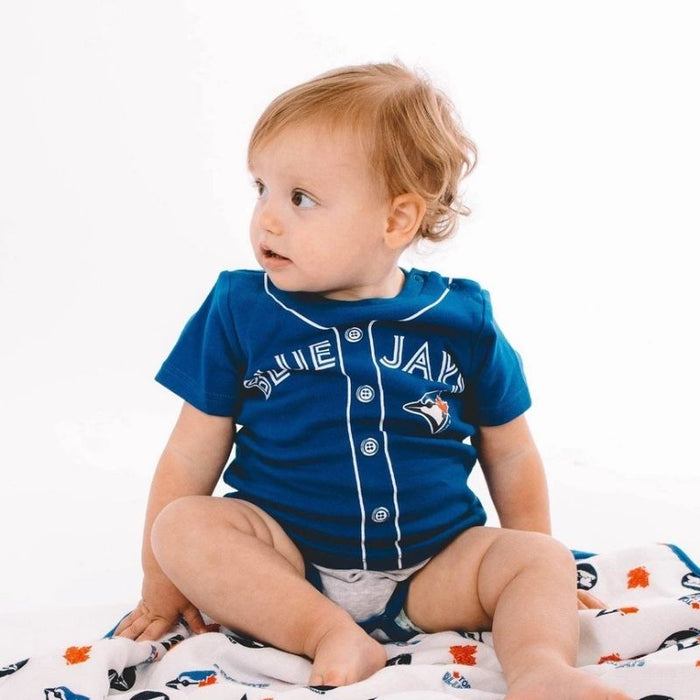 Blue Jays Reversible Muslin Play Blanket by Snugabye at $66.99! Shop now at Nestled by Snuggle Bugz for Nursery & Décor.